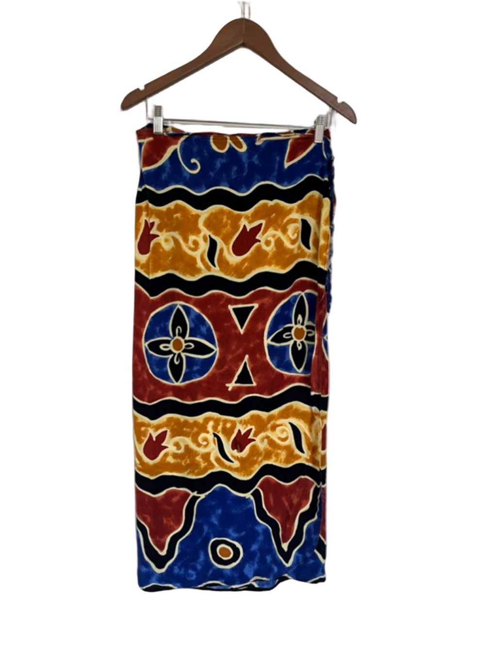 90s Venus Blue Orange Red Patterned Maxi Wrap Beach Skirt Sarong Geometric Aztec